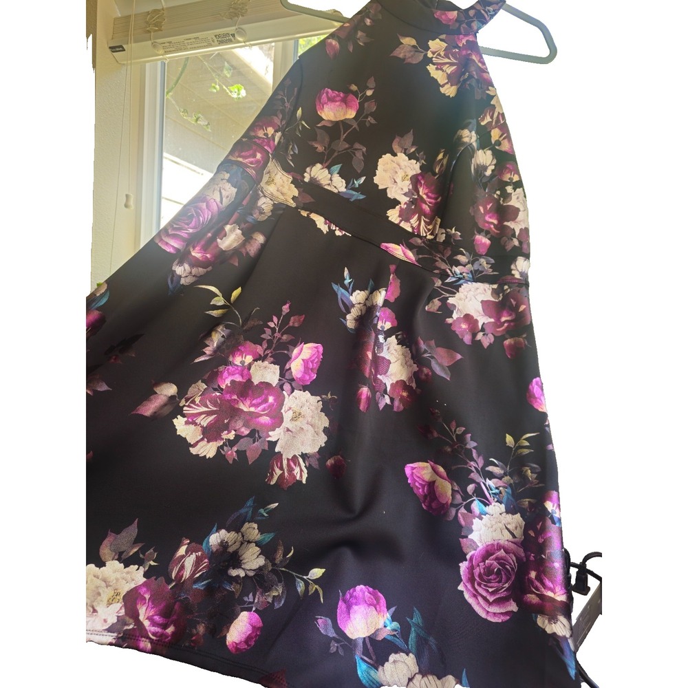 En Focus Studio 16W Dark Romantic Floral Halter High Low Metallic Satin Dress - Picture 9 of 10